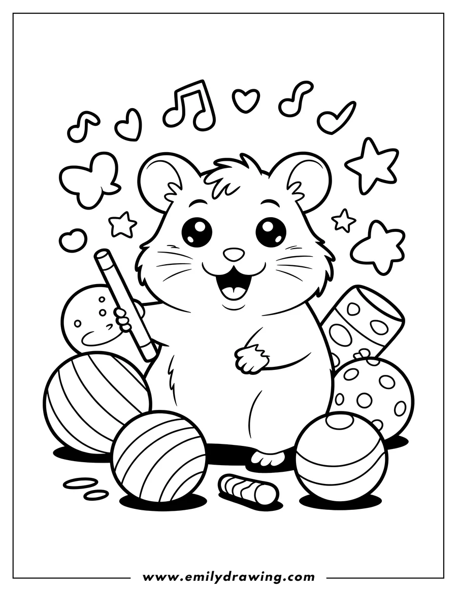 Outline of a happy hamster surrounded by toys, including balls, a tube, and a crayon.
