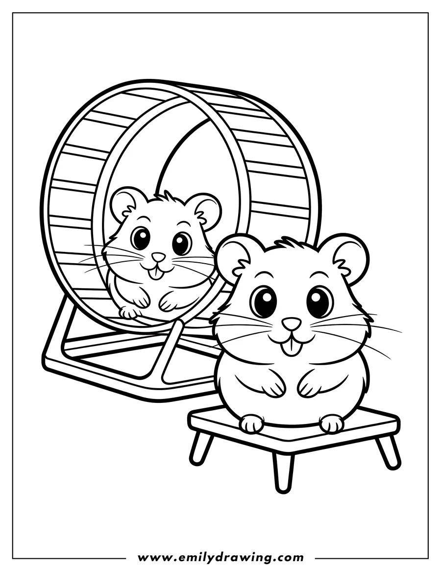 Two hamsters, one sitting on a small stool and another inside a hamster wheel.