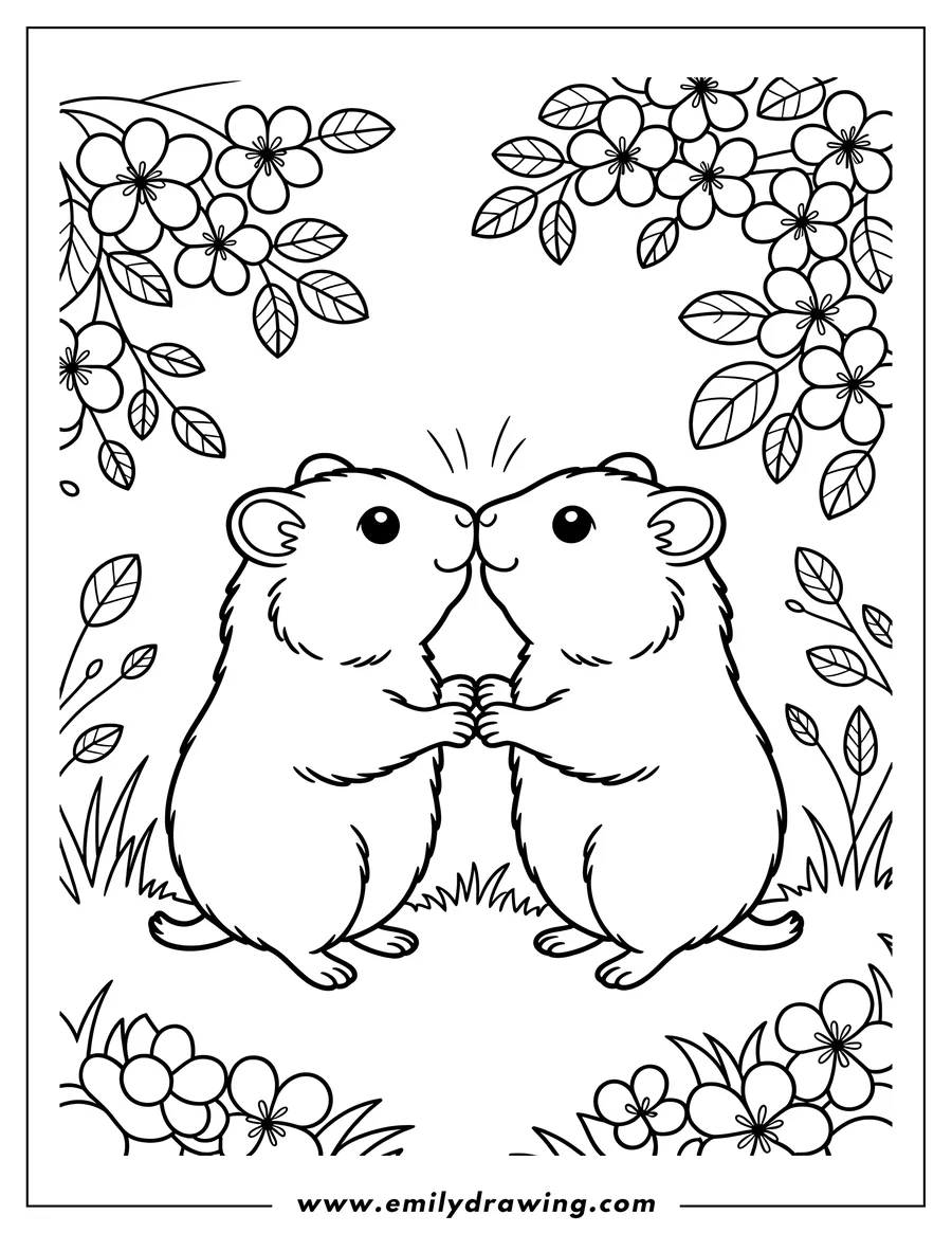 Outline of two hamsters holding hands, surrounded by flowers and grass.