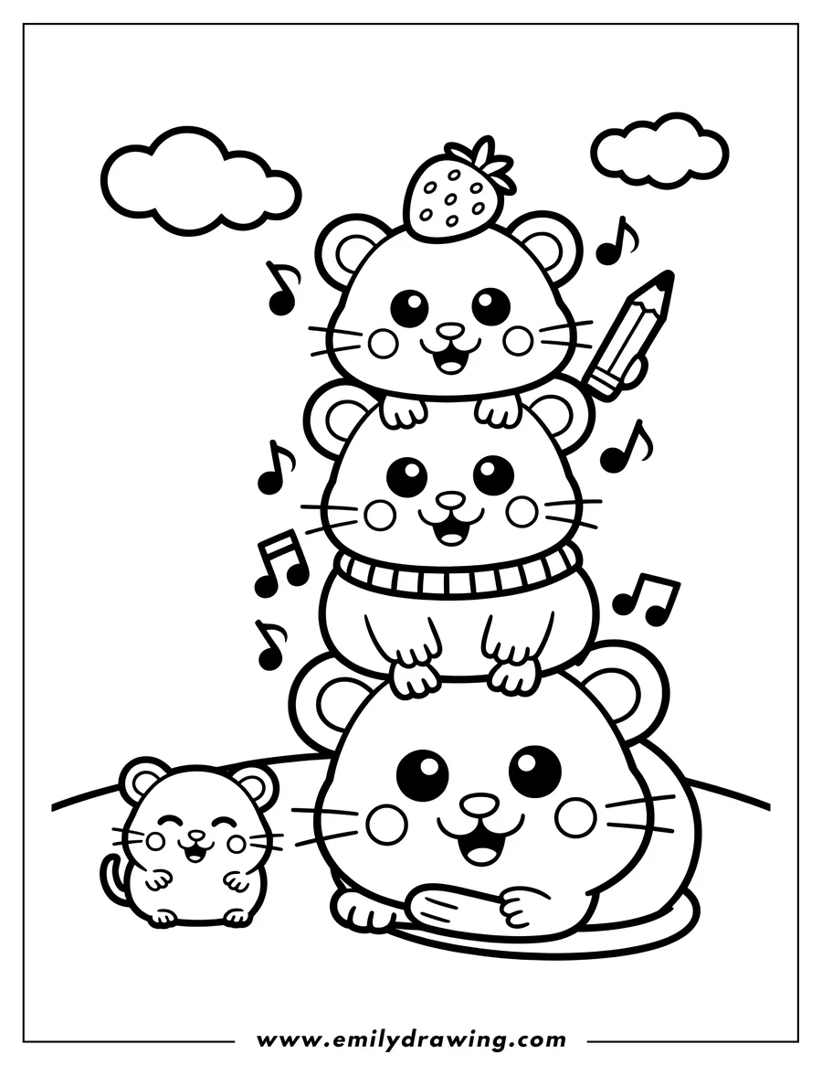 Line art of four hamsters stacked on top of each other. One hamster has a strawberry on its head, and another is wearing a striped shirt. A small hamster sits beside them. Musical notes and a pencil float around the hamsters.