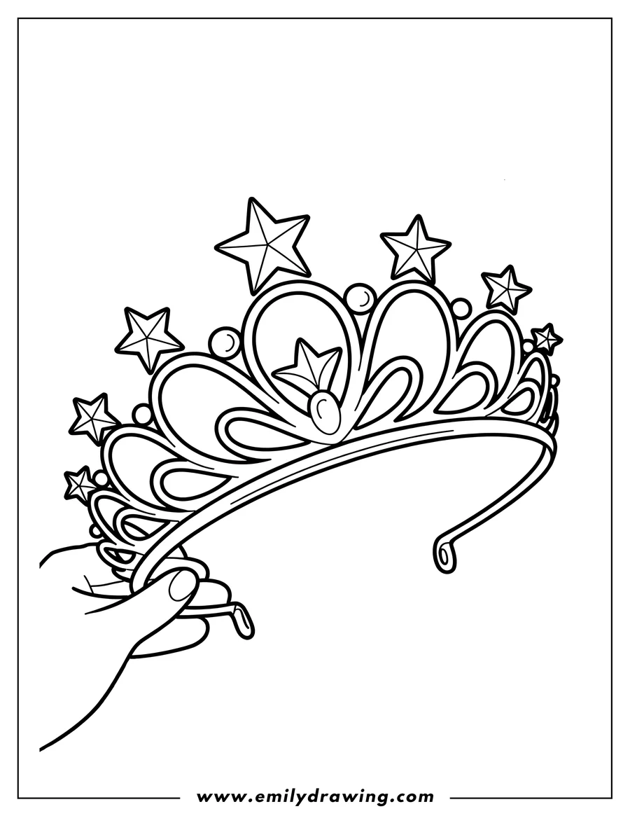 Outline of a hand gently holding a jeweled crown decorated with stars.