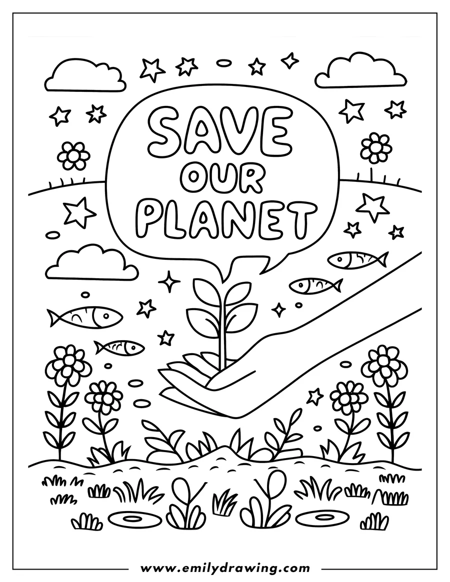 Outline of a hand gently holding a small plant sprout, surrounded by flowers, fish, and stars, with a speech bubble saying