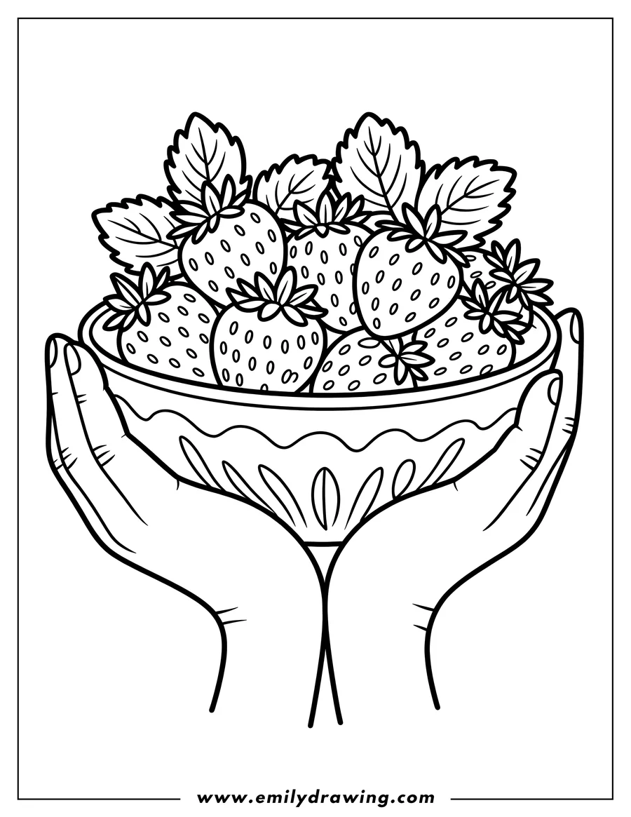 Outline of two hands gently holding a bowl filled with ripe strawberries and their leaves.