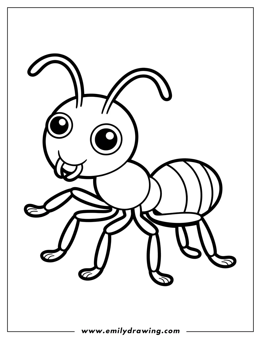 Outline of a happy ant walking. It has big eyes and a smile.