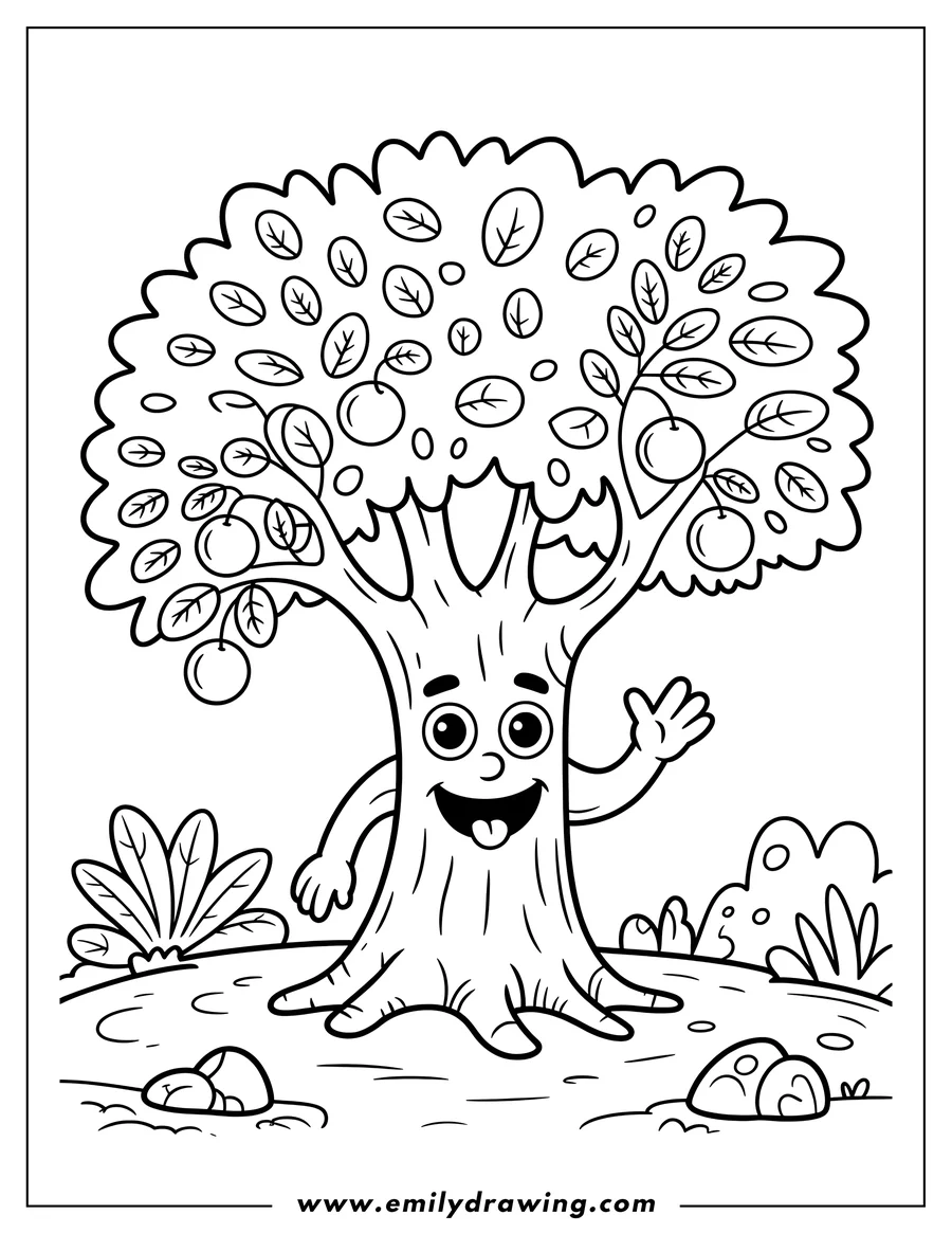 Line art of a cheerful apple tree with a smiling face, waving a branch. It has ripe apples and simple leaves.