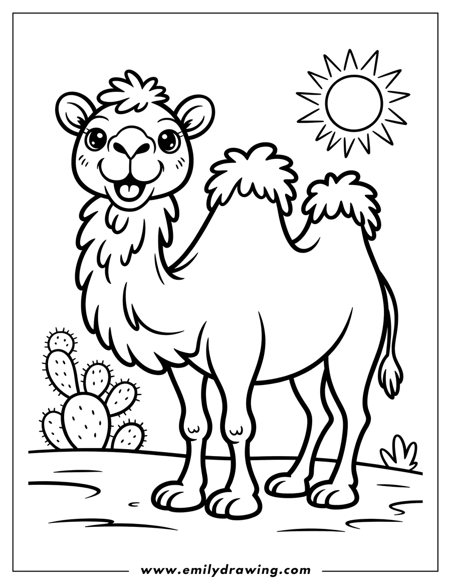 Outline of a happy camel standing near a cactus under the sun.