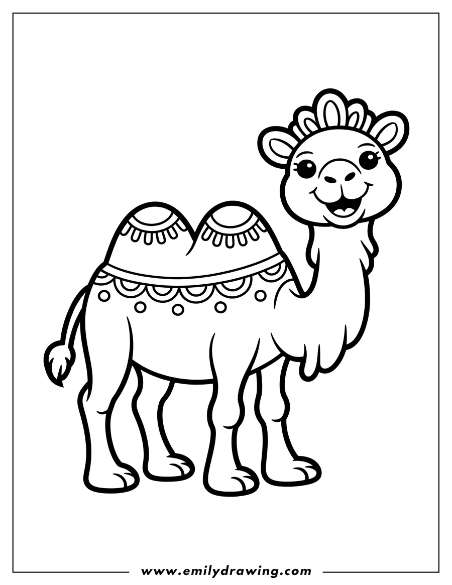 Line art of a happy camel with decorated humps, ready to be colored.