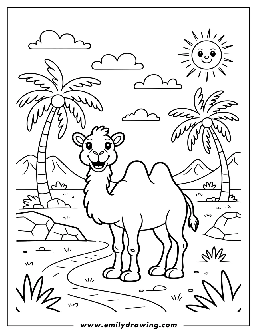 Outline of a happy camel standing between two palm trees in a sunny desert landscape.