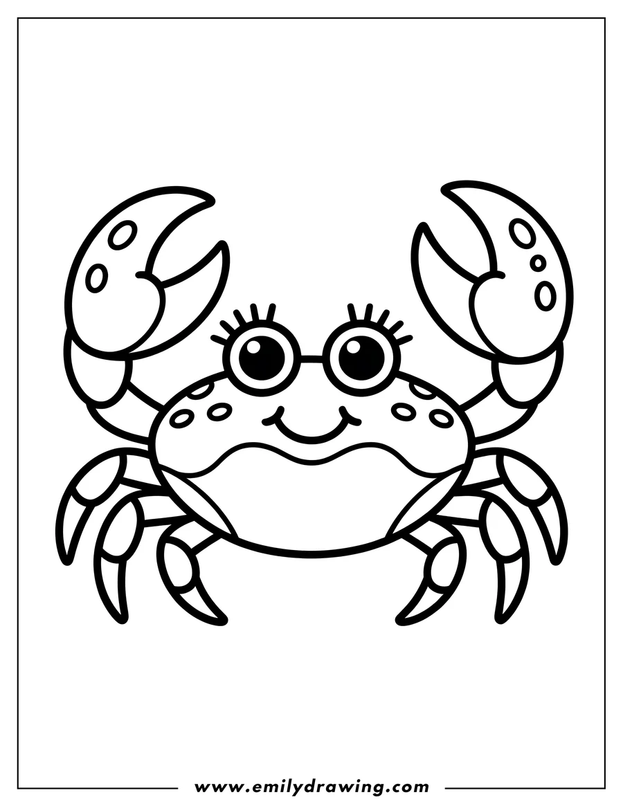 Line art of a happy crab with a big smile, ready to be colored.