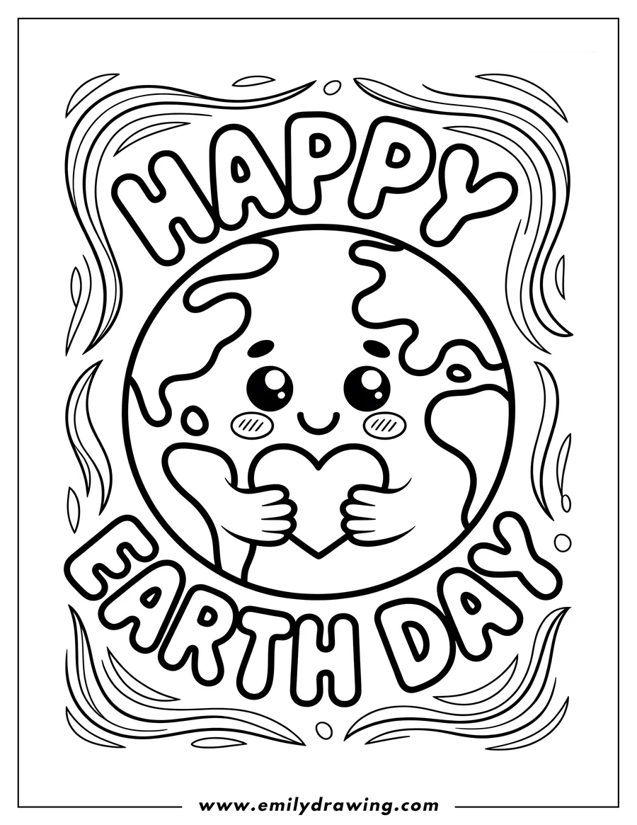 Line art of a cute, smiling Earth holding a heart, with 'Happy Earth Day' written around it. Perfect for Earth Day celebrations.