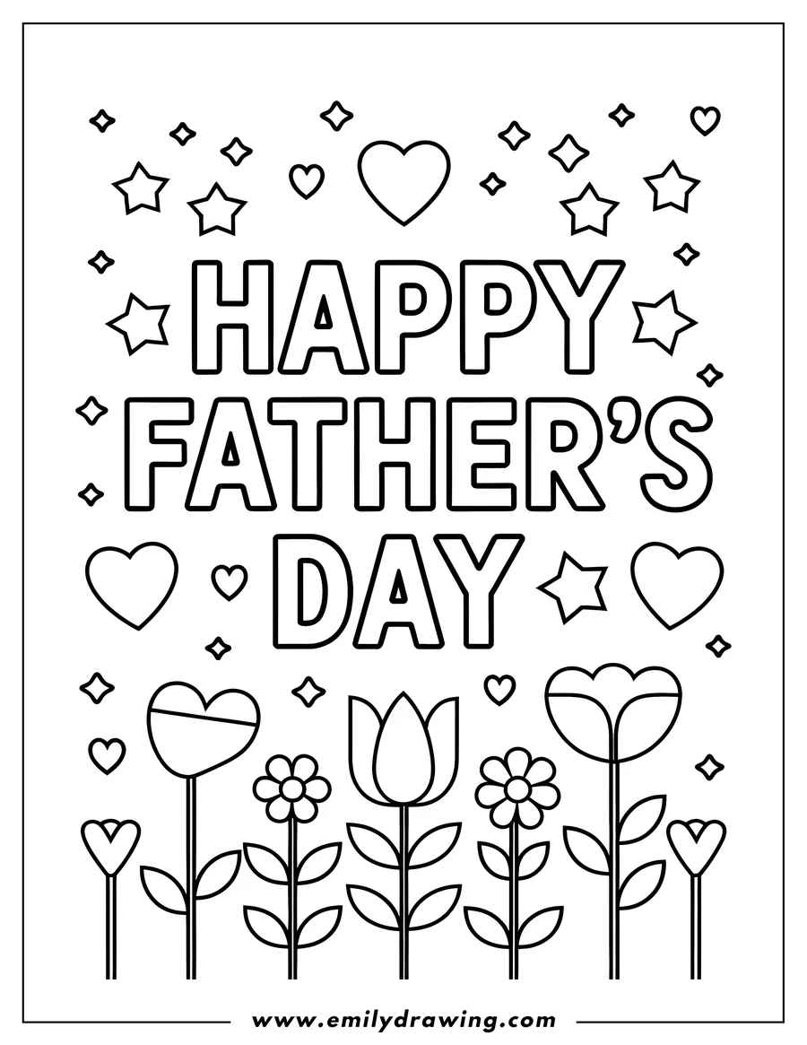 Line art illustration of a Happy Father's Day greeting with flowers, hearts, and stars for coloring.