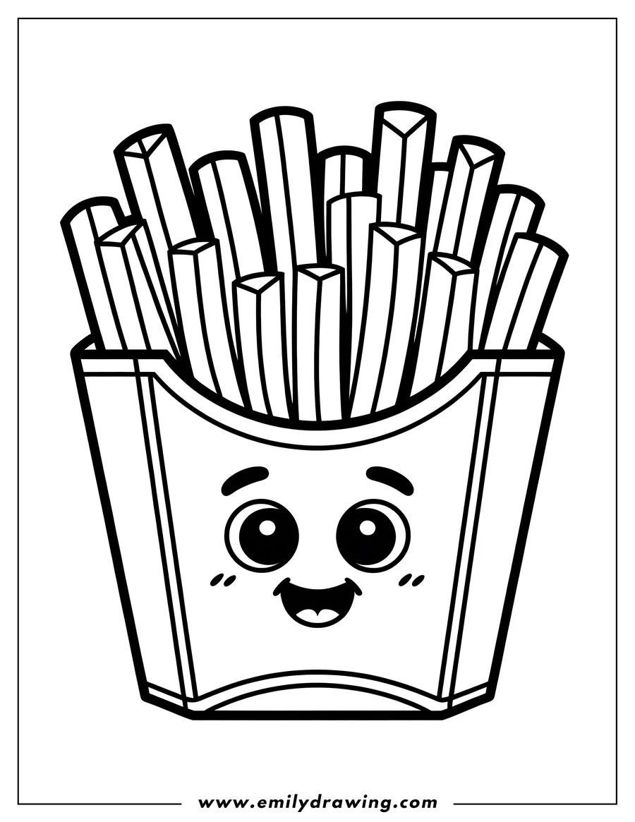 Line art of a carton of happy french fries with a smiling face.