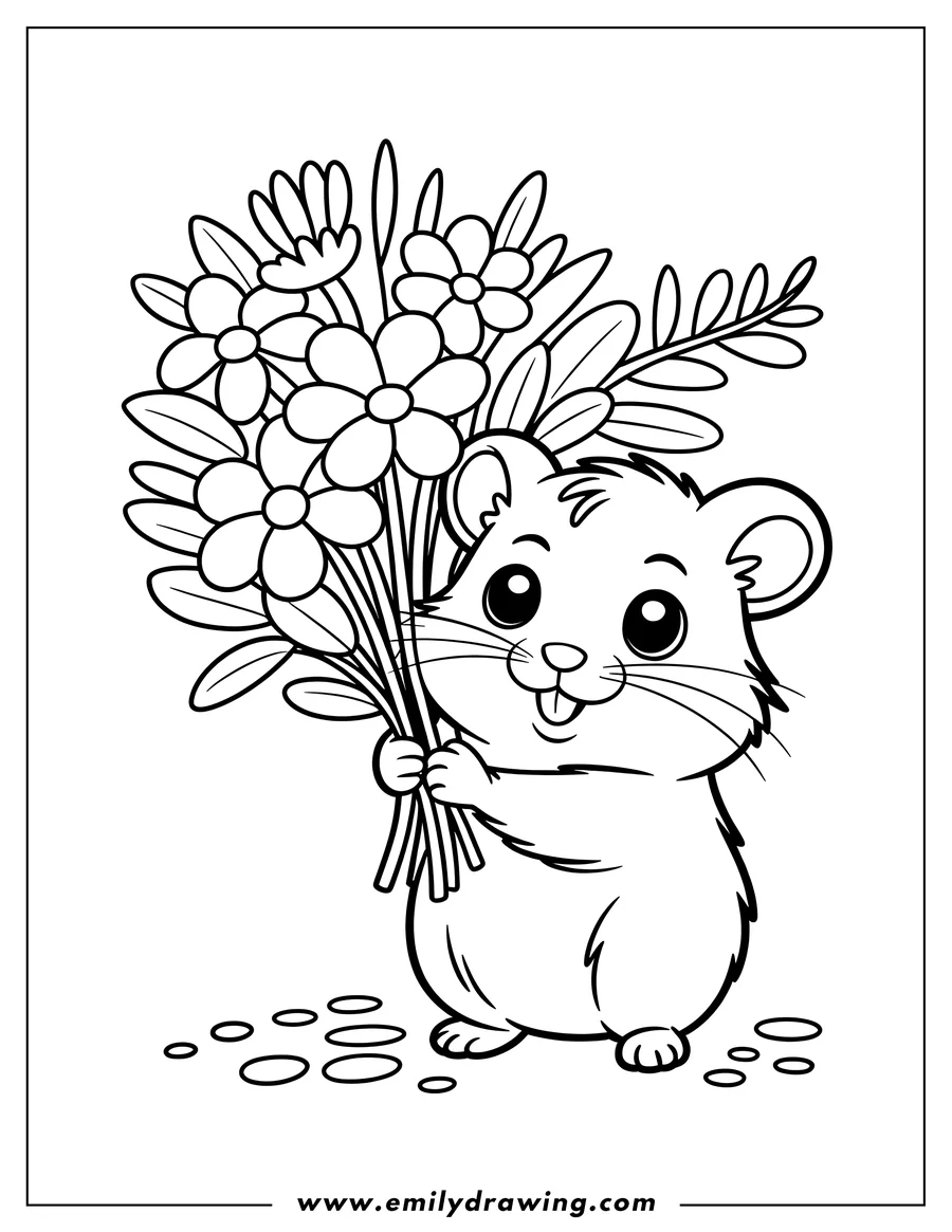 Outline of a happy hamster holding a large bouquet of flowers.