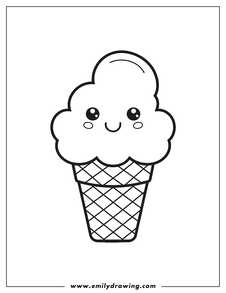 Line art of a happy ice cream scoop in a waffle cone.