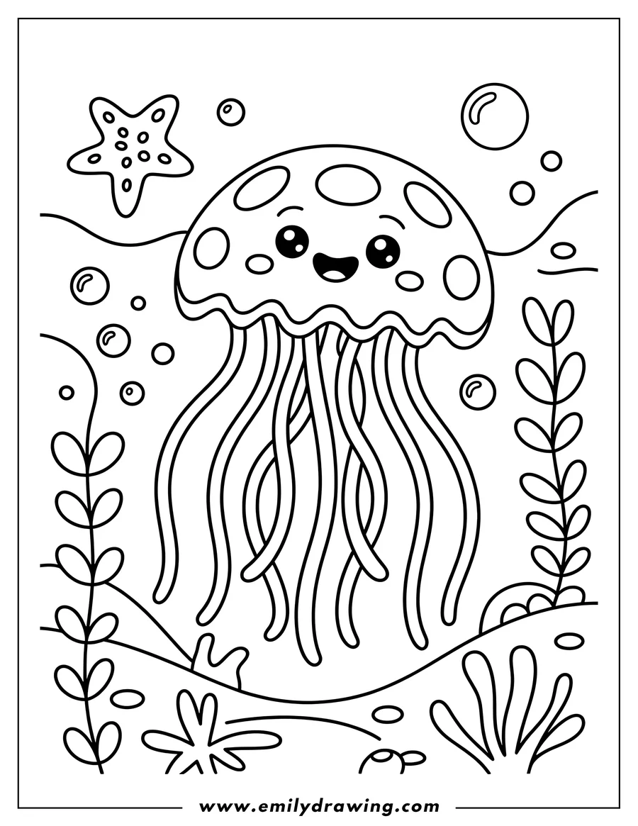 Line art of a happy jellyfish with a starfish and seaweed on the ocean floor.