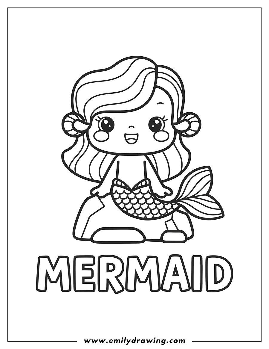 Outline of a smiling mermaid with swirly hair and a scale-patterned tail, sitting happily.