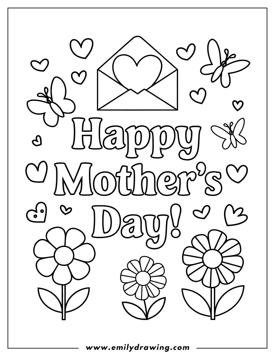 Line art illustration for Mother's Day. An open envelope reveals a heart inside. Butterflies and hearts float around the message 'Happy Mother's Day!' Flowers appear below the message.