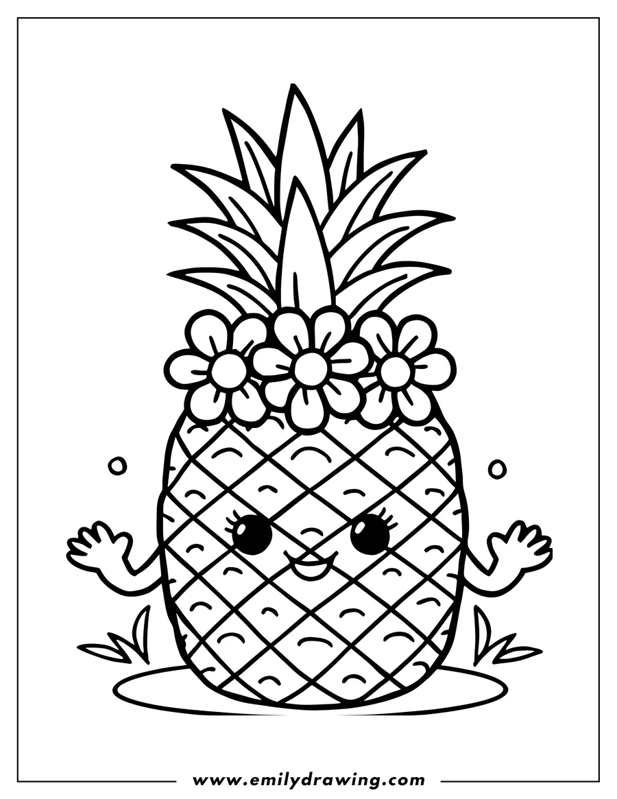 Outline of a happy pineapple with flowers on its head, waving its arms.