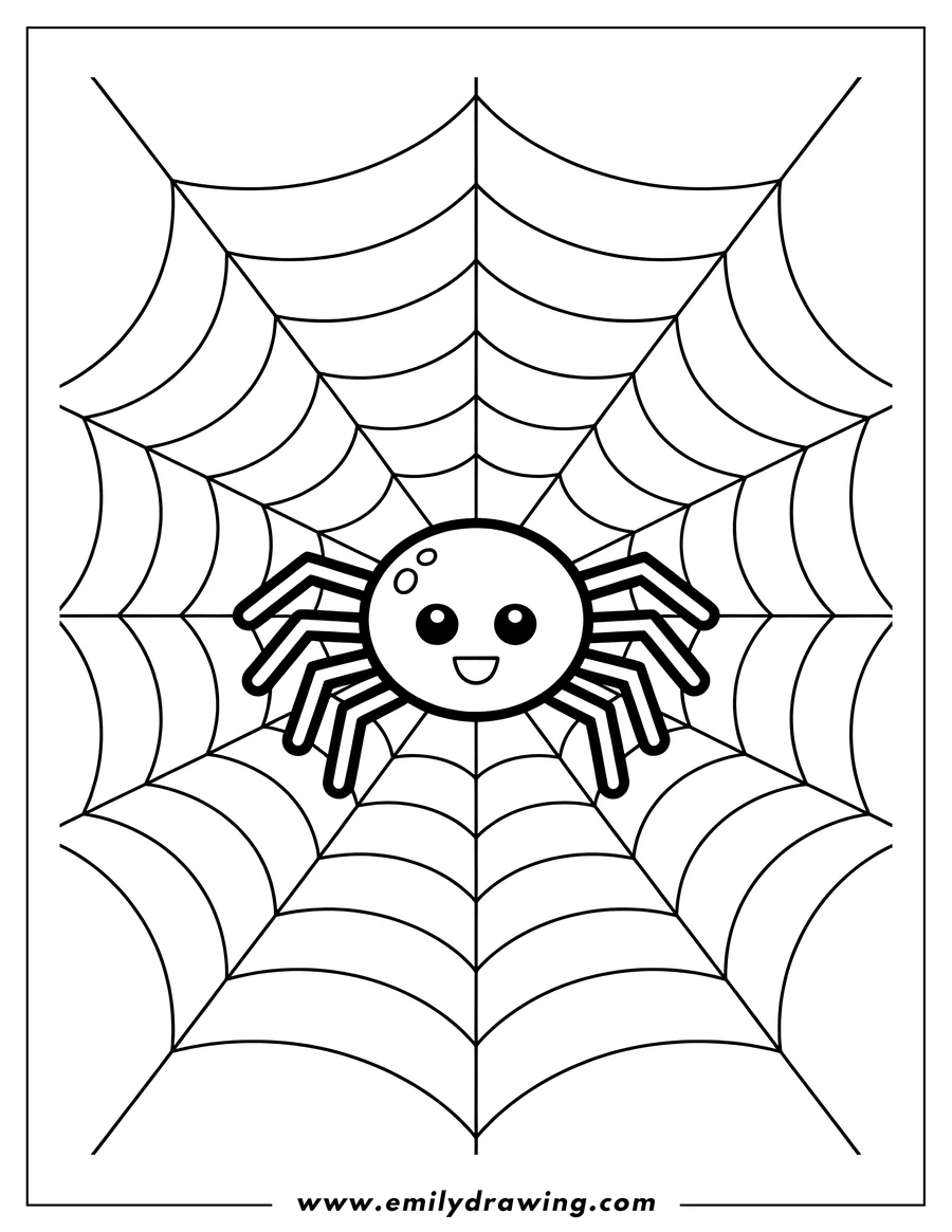 Line art of a happy spider sitting on its large web.
