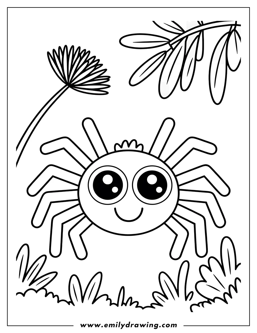 Outline of a happy spider with large eyes, positioned in the grass with a stylized flower and leaves in the background.