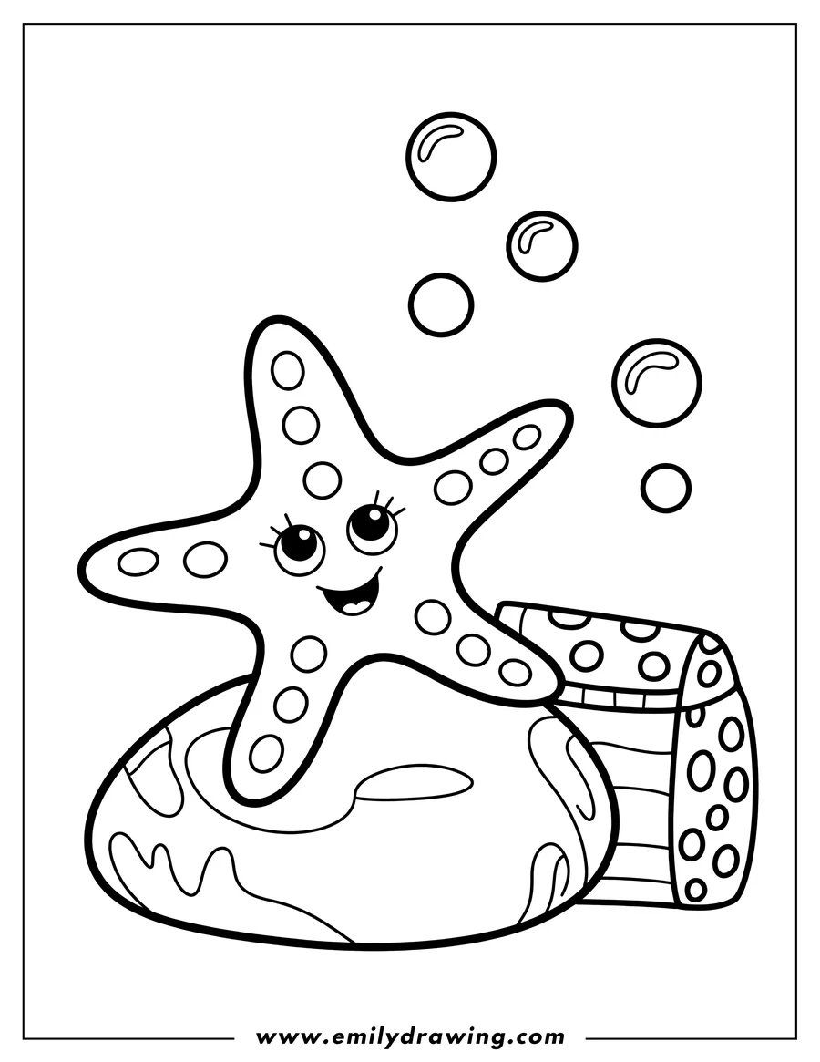 Outline of a smiling starfish resting on a large rock with patterned coral and bubbles beside it.