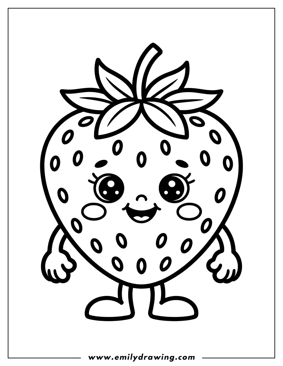Line art of a happy strawberry character standing with big eyes and a smile.