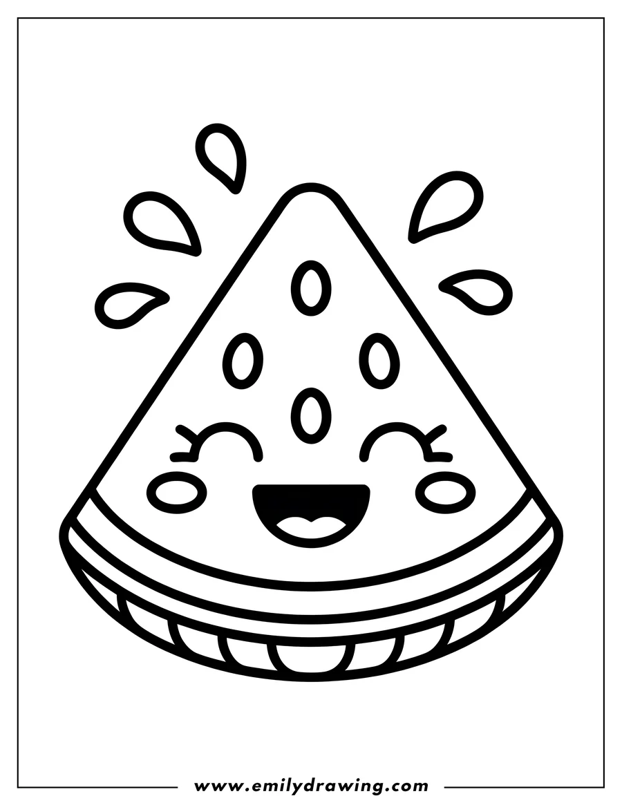 Line art of a happy watermelon wedge with seeds, ready to be colored.