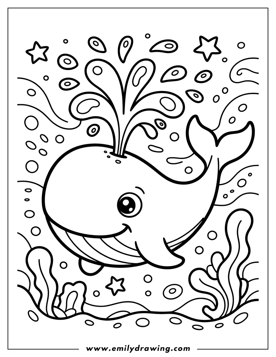 Outline of a happy whale swimming in the ocean, spouting a fountain of water, surrounded by seaweed and small decorative stars.