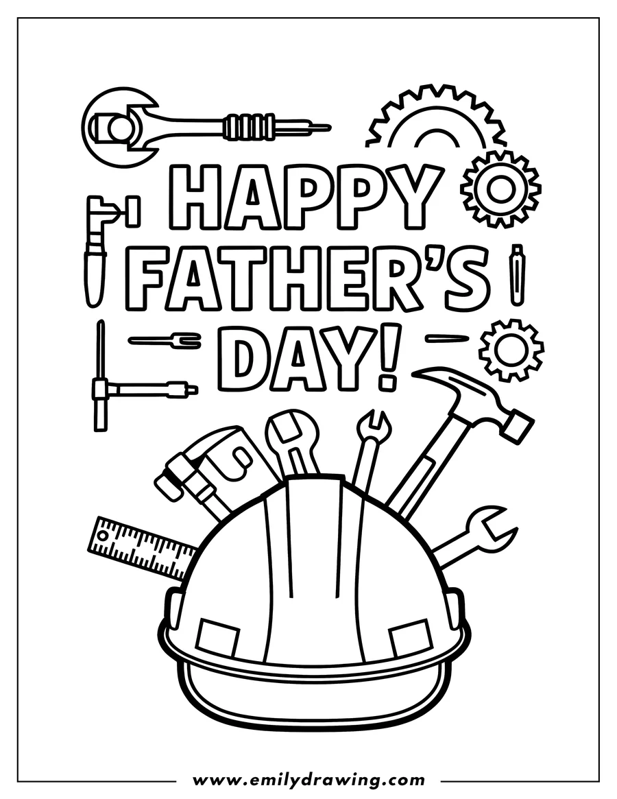Line art of a hard hat filled with various tools, including a hammer, wrench, ruler, and screwdriver. Text reads 'Happy Father's Day'.