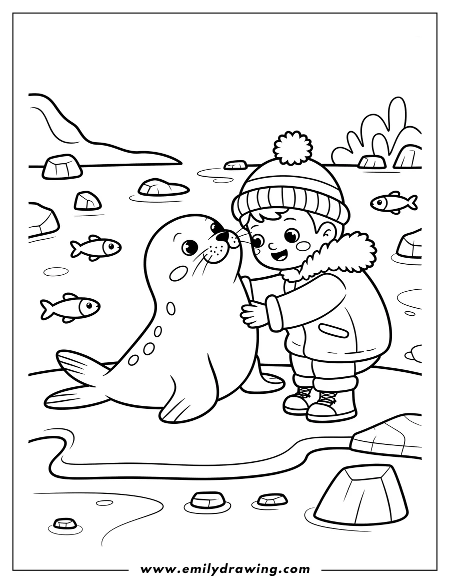 Line art of a child in a winter hat and coat petting a harp seal on an ice floe. Small fish swim in the water around them.