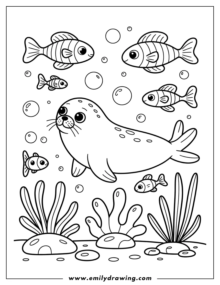 Outline of a harp seal swimming amongst several small fish and seaweed on the ocean floor.