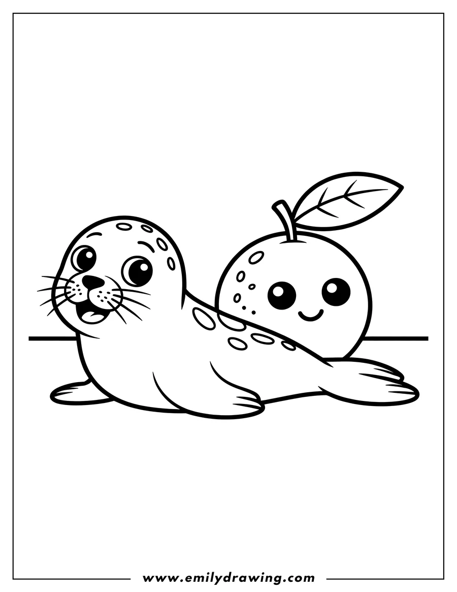 Outline of a harp seal lying down next to a smiling orange with a leaf.