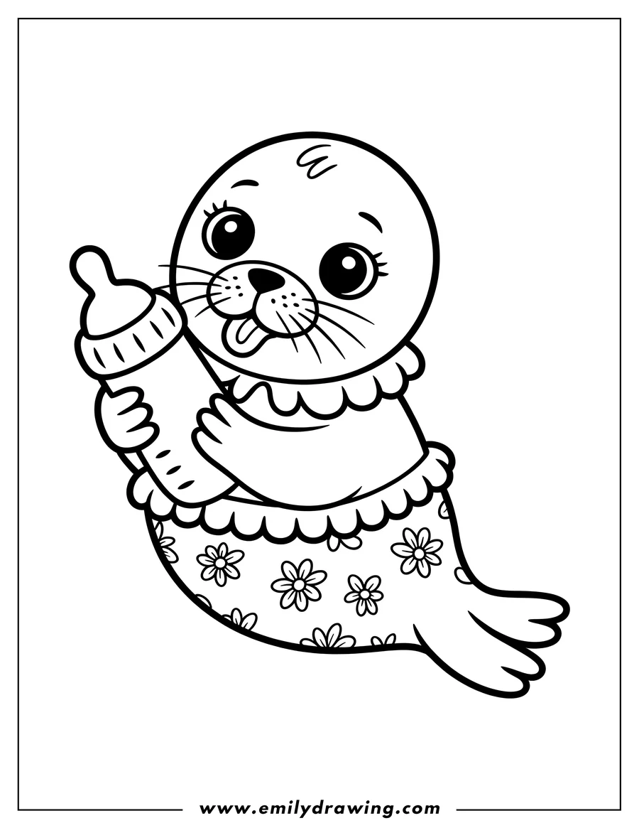 Outline of a baby harp seal holding a bottle. The seal is wearing a onesie with a floral pattern.