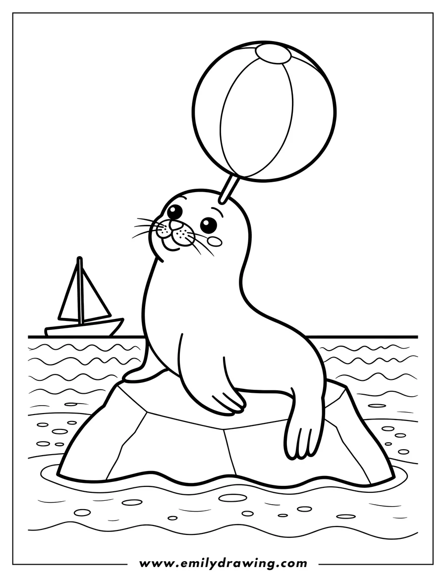 Outline of a harp seal balancing a beach ball on its head while sitting on an ice floe, with a sailboat in the background.