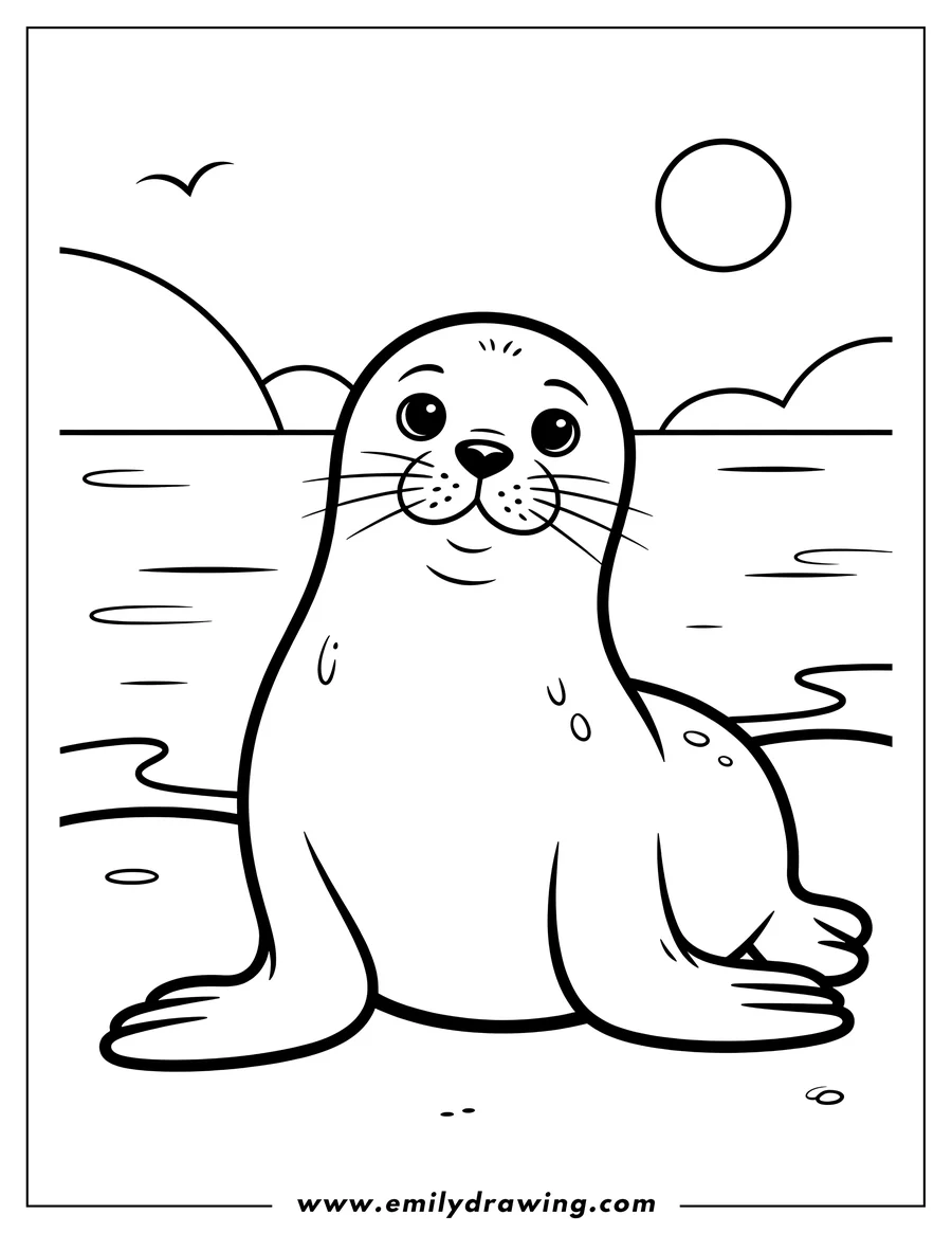 Outline of a harp seal sitting on the beach with the ocean and a bird in the background.