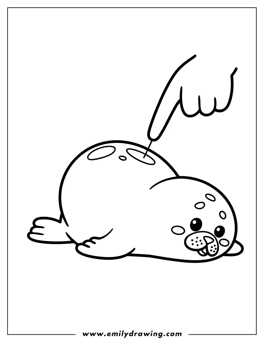 Outline of a harp seal being poked in the back by a finger.
