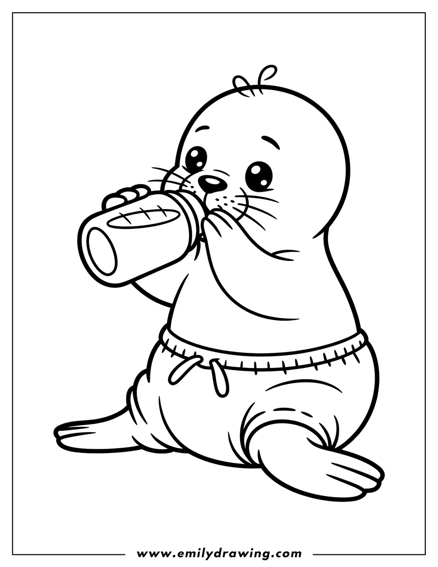 Outline drawing of a baby harp seal wearing shorts and drinking from a bottle.