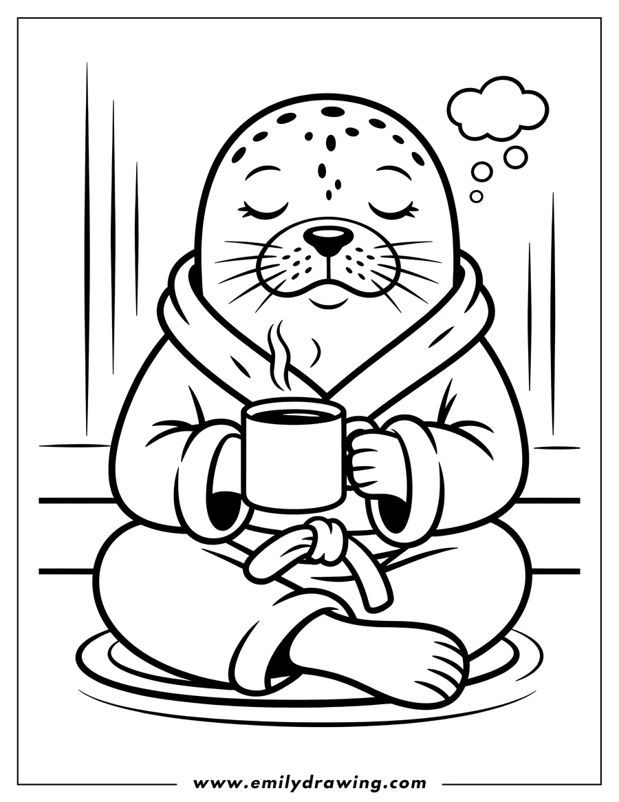 Line art of a harp seal wearing a robe and holding a mug of coffee.