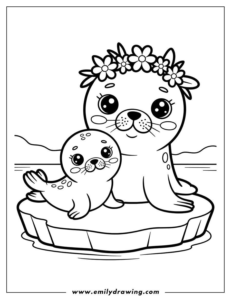 Outline of two harp seals on an ice floe. The larger seal wears a flower crown.