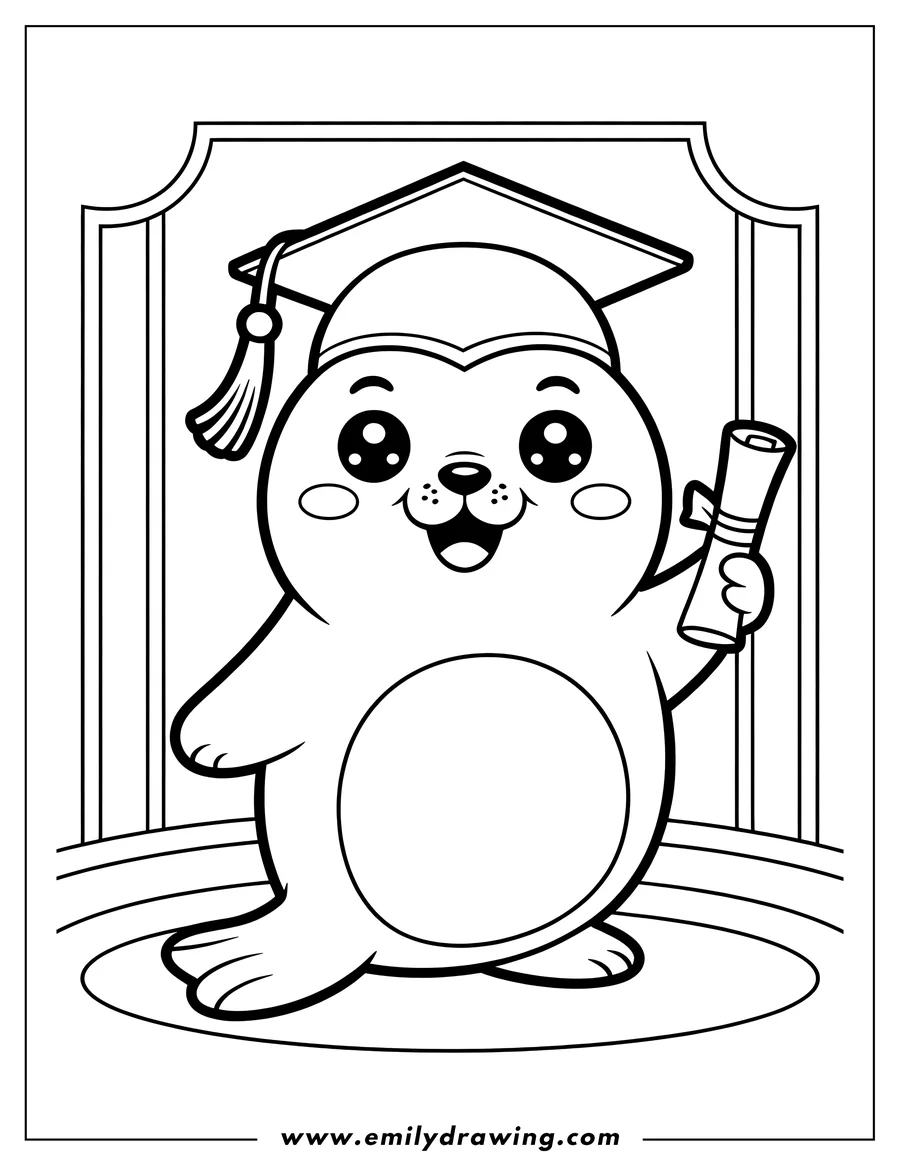 Line art of a harp seal at graduation, wearing a cap and holding a diploma.