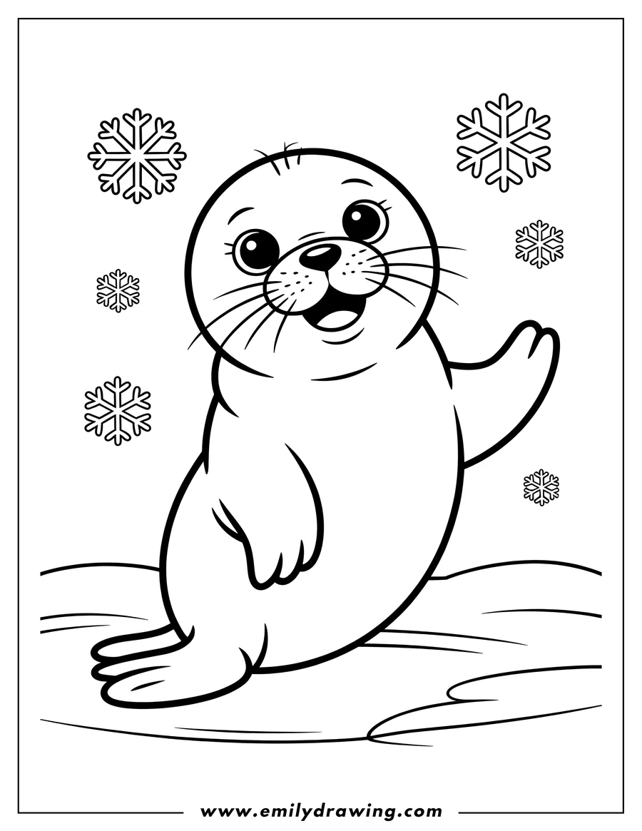 Outline of a cheerful harp seal sitting on the ice, waving with one flipper. Snowflakes drift gently around it.