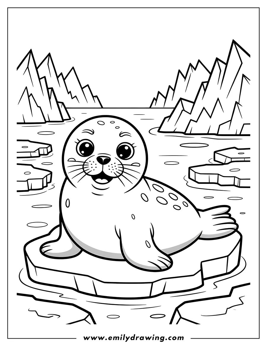 Outline of a baby harp seal sitting on an ice floe, with other ice floes and icy mountains in the background.