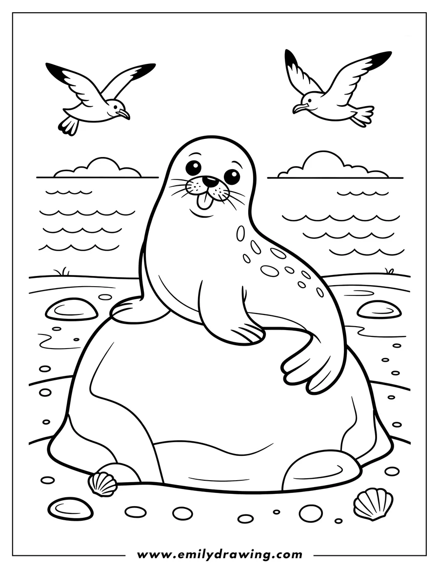Outline of a harp seal sitting on a rock near the ocean, with two seagulls flying overhead.