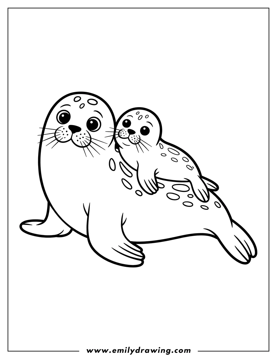 Outline of a harp seal pup resting on its mother. Both have large, friendly eyes and spotted coats.