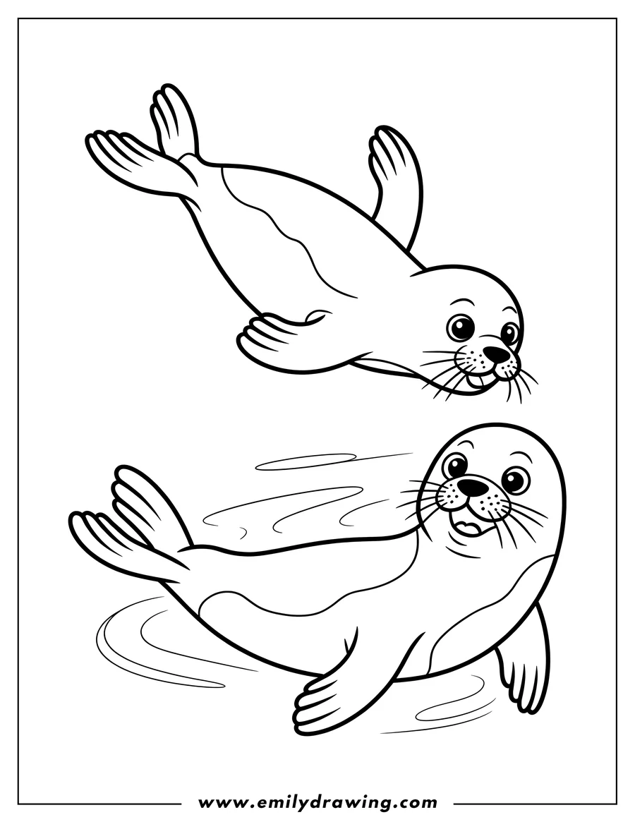 Outline of two playful harp seal pups, one swimming gracefully and the other floating on its back.