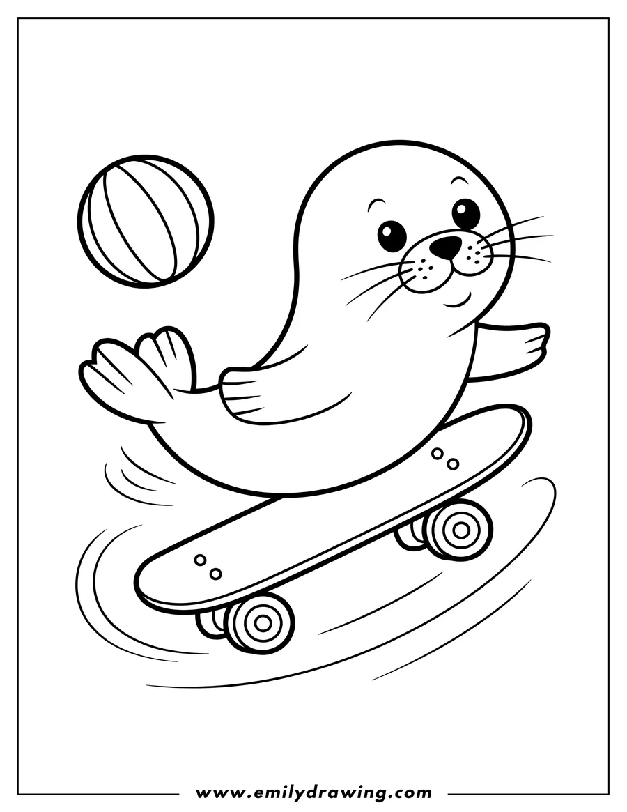Outline of a harp seal riding a skateboard with a beach ball nearby.