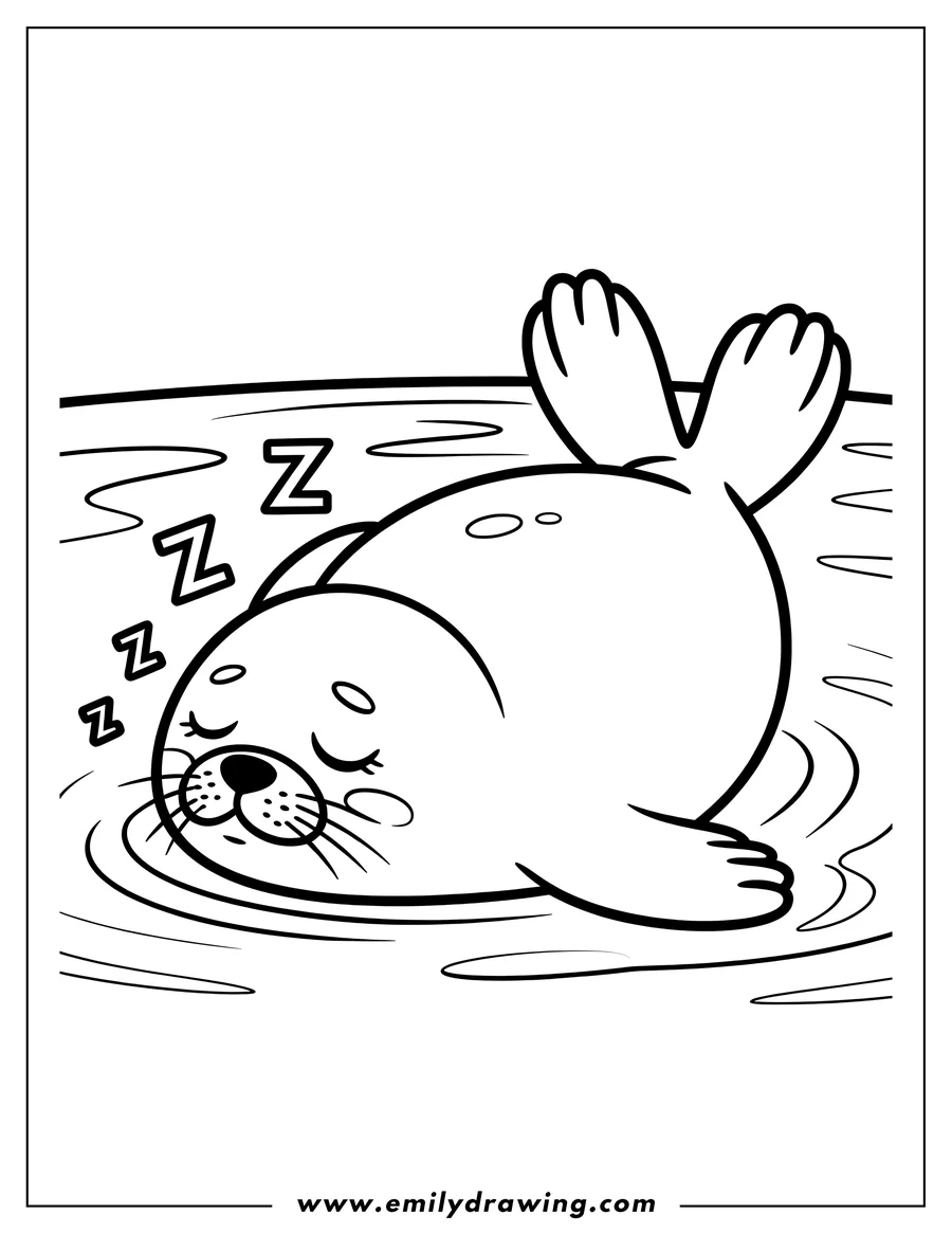 Outline of a harp seal sleeping peacefully on the water's surface.