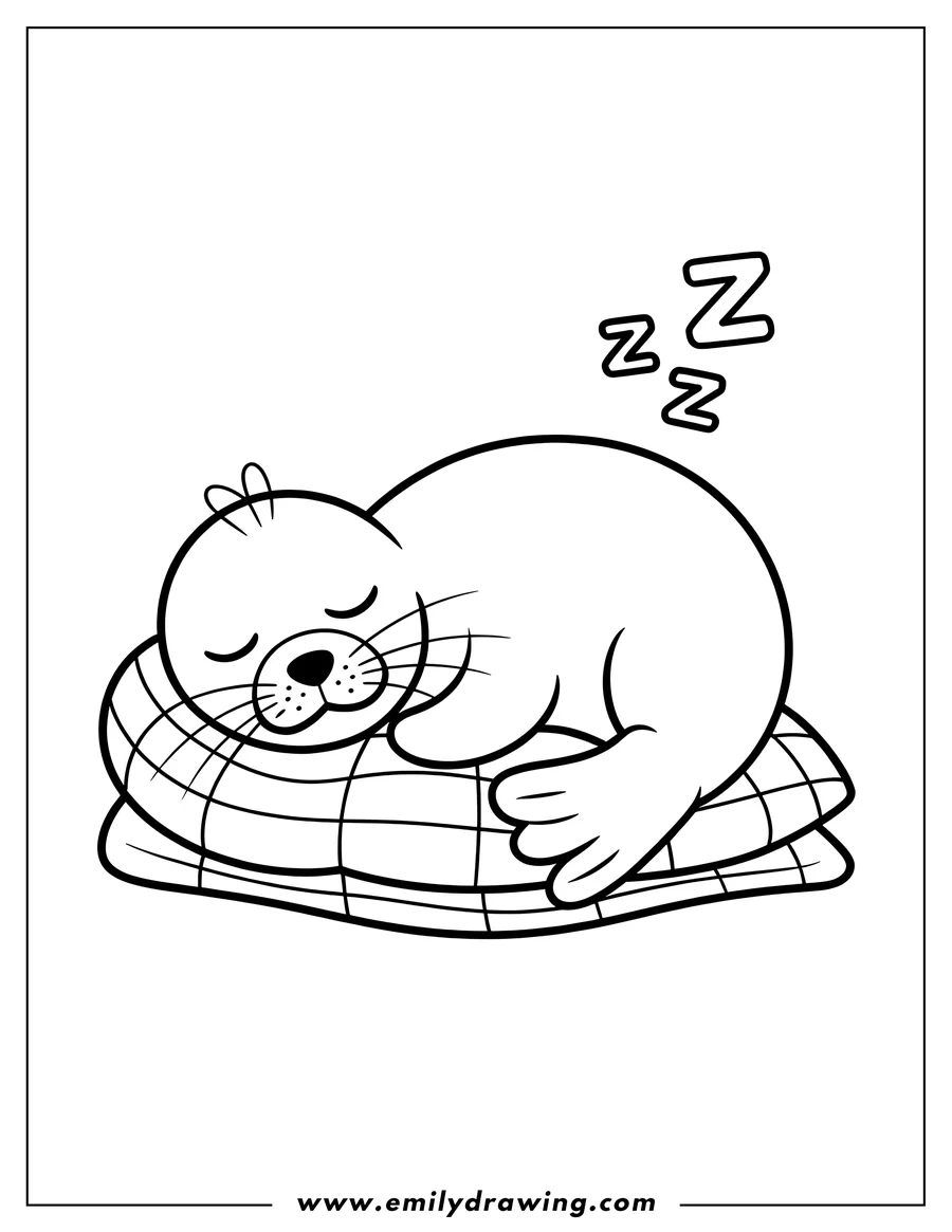 Outline of a harp seal sleeping on a checkered pillow.