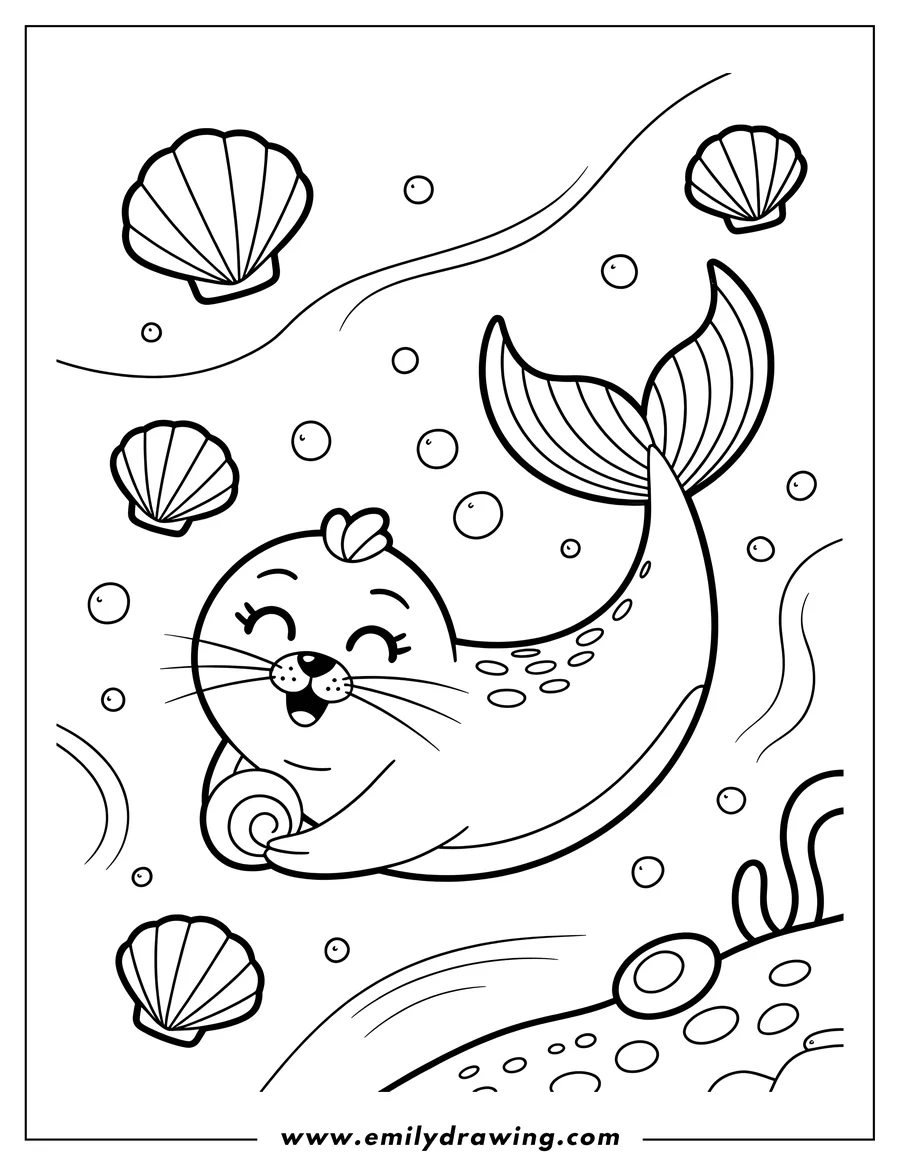 Outline of a playful harp seal swimming underwater with seashells and bubbles around it.