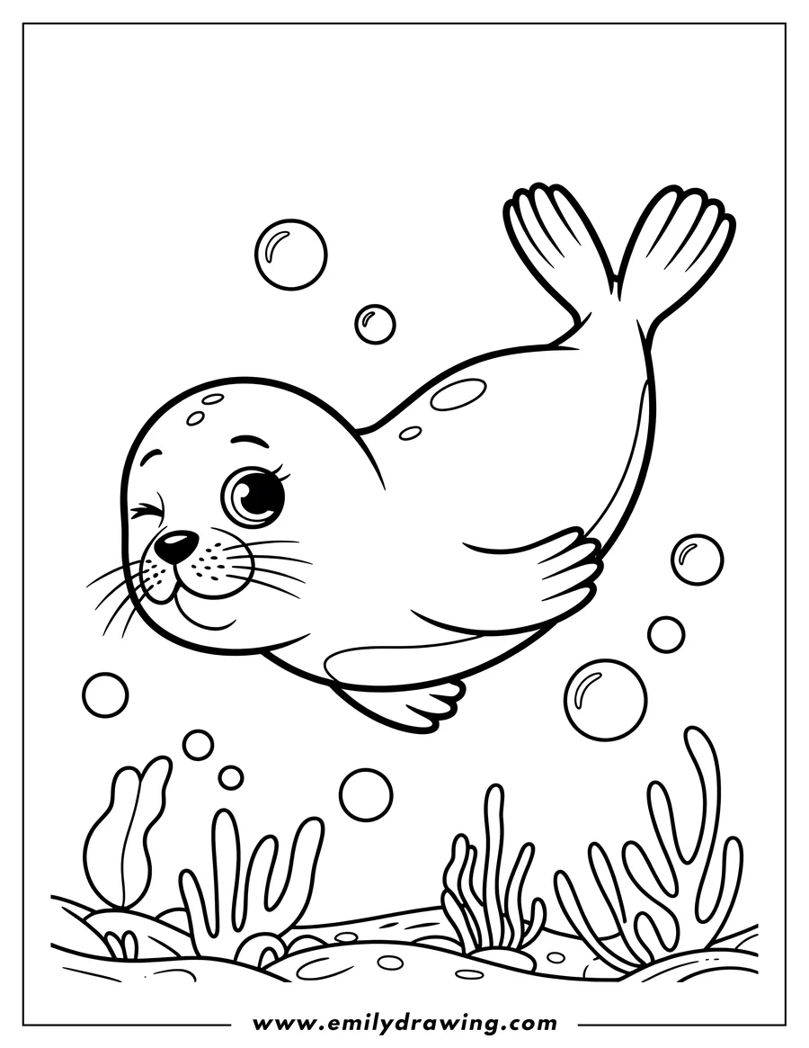 Outline of a harp seal swimming underwater near some seaweed. The seal is winking and appears playful.